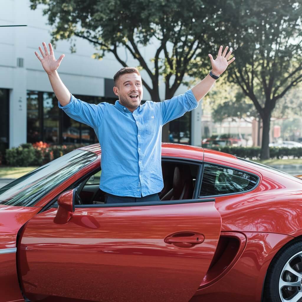 Excited customer beside a new car after getting approved for a car loan